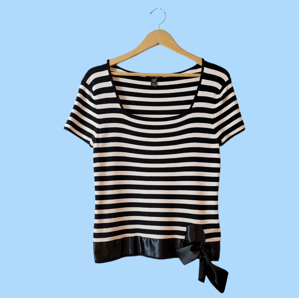 Vintage Striped Y2K Black And White Satin Bow Short Sleeve Sailor Top Blouse L